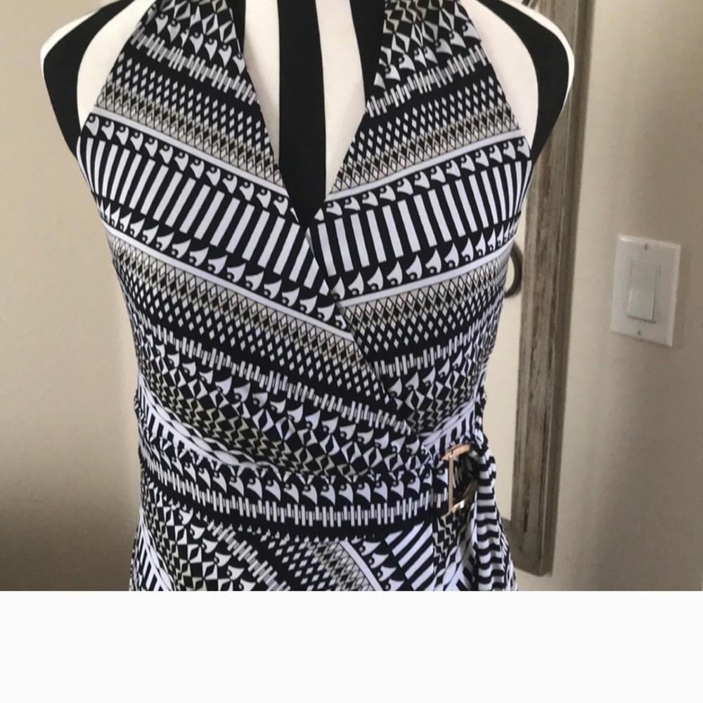 Black and White Geometric Halter Dress